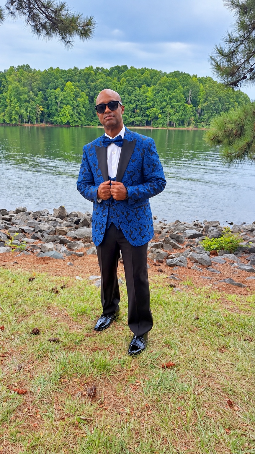 DJ Dezerk wearing a blue tuxedo beside a lake